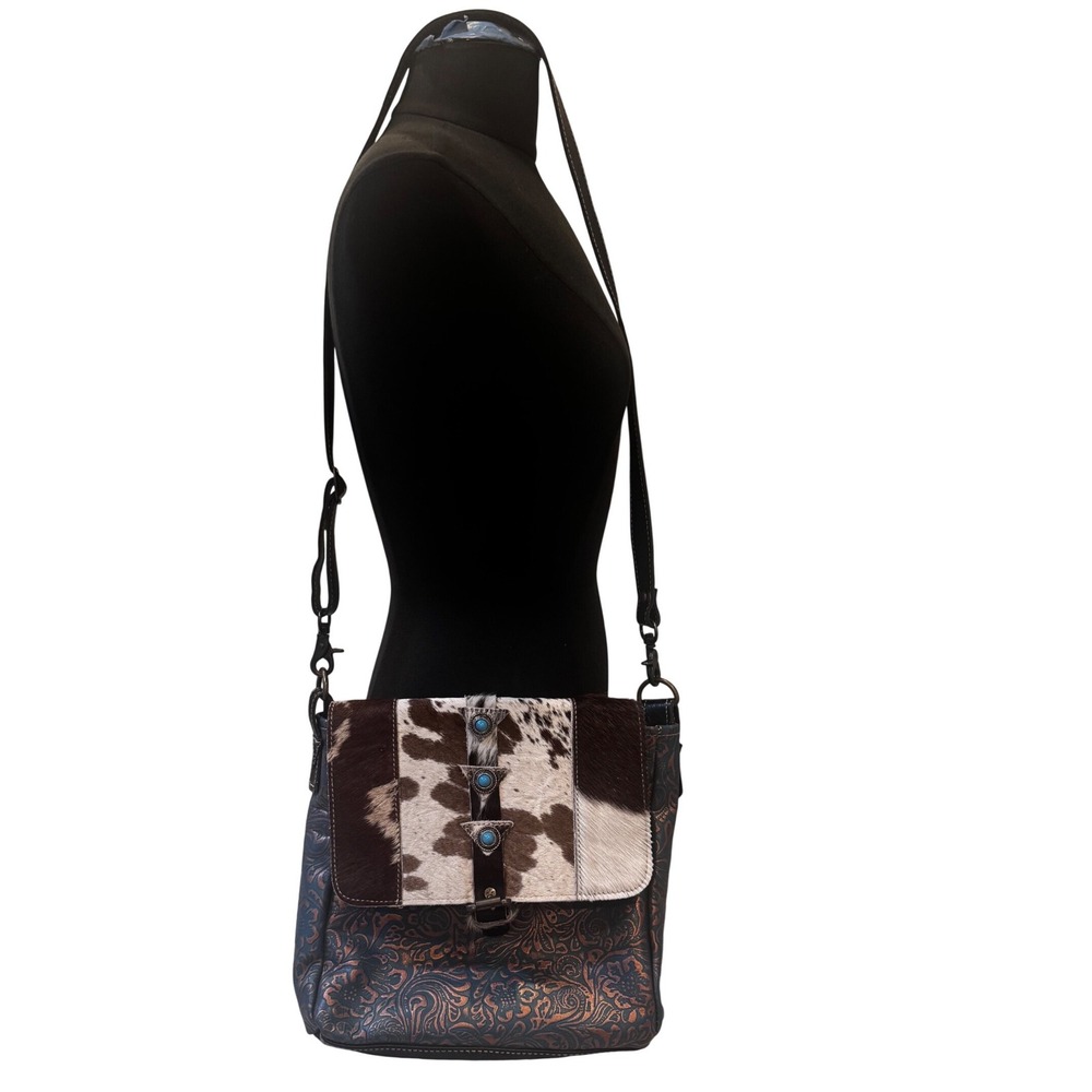 Myra Bag Western Floral Blue Scroll‎ Leather And Hairon Crossbody  10.5x10x3 EUC
